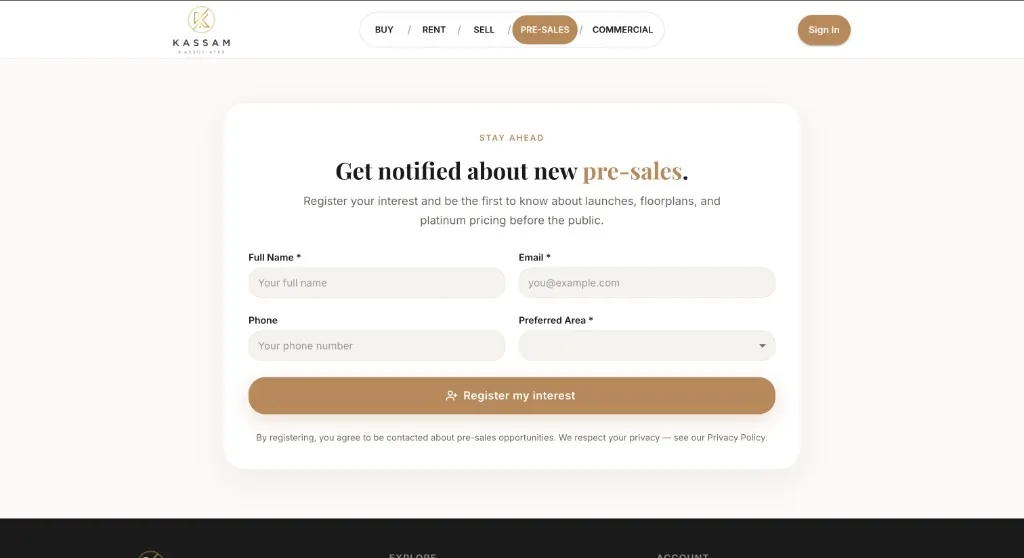 Pre-sales lead capture registration form