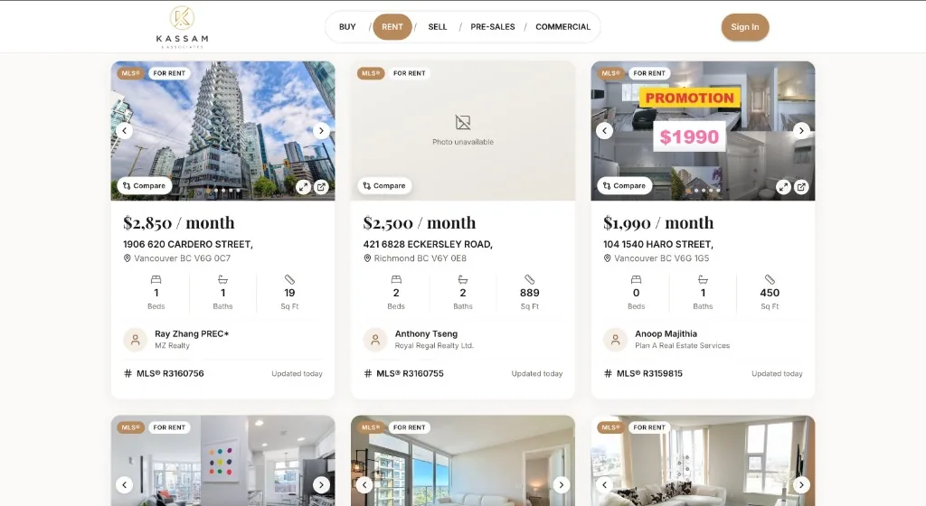 Rental listings grid with MLS cards and compare tools